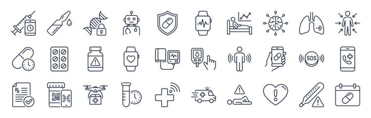 MedTech and pharma line icon set. Pill reminder, wearable tracker, emergency alert, glucose monitor, AI assistant, prescription outline vector illustrations. Signs for digital healthcare.
