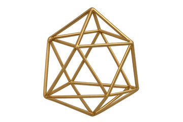 Gold icosahedron geometric wireframe sculpture on transparent background