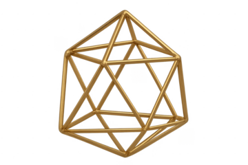 Gold icosahedron geometric wireframe sculpture on transparent background
