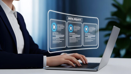 Futuristic business technology concept with holographic interface and laptop computing