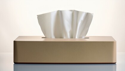 beige tissue box with white tissues extending upwards from the rectangular dispenser