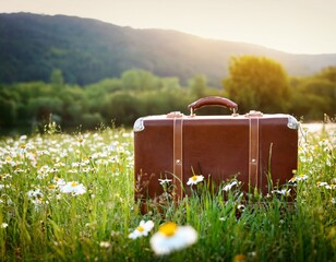 brown vintage suitcase resting on flowers in a meadow