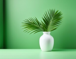 minimalist white vase with green palm leaf on light green background