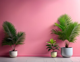 minimalist interior scene with pink wall and green potted palms