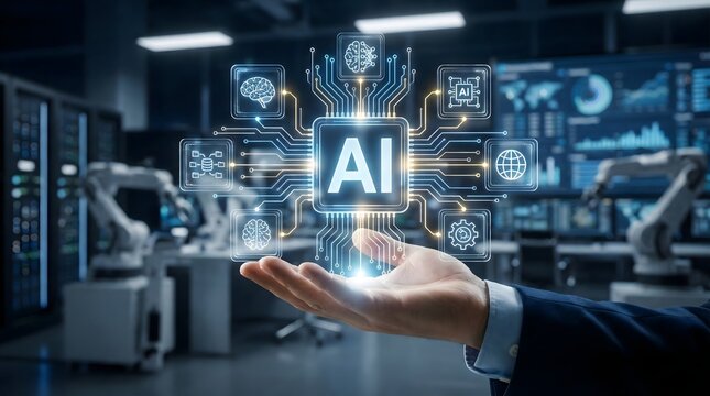 Hand holding glowing AI chip icon with neural connections,symbolizing future of artificial intelligence technology in smart industry automation,robotics,and machine learning. - Powered by Adobe