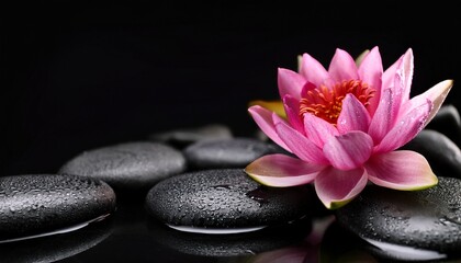 pink lotus flowers on black spa stones with water banner or wallpaper design