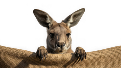 Kangaroo peeking over burlap sack on transparent background isolated on transparent background