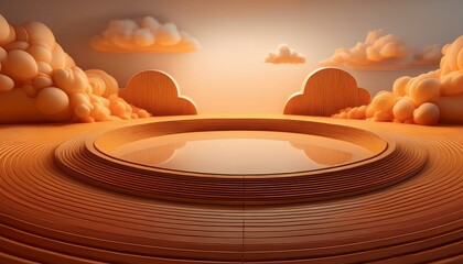 futuristic circular stage with cloud like structures in warm orange tones