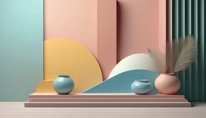 minimalist pastel colored display scene with vases and geometric background