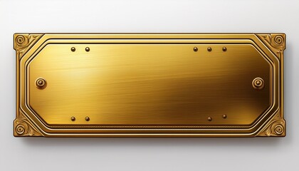 rectangular gold metal plaque with rounded corners and screws on white background