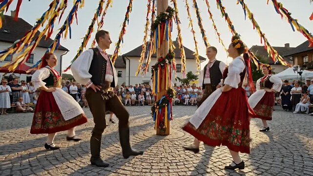 Traditional folk dance performed around maypole in an idyllic village square