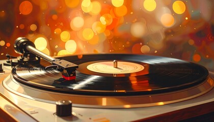 Close-up of a vintage record player with a vinyl record, focused on the needle and platter, bokeh background