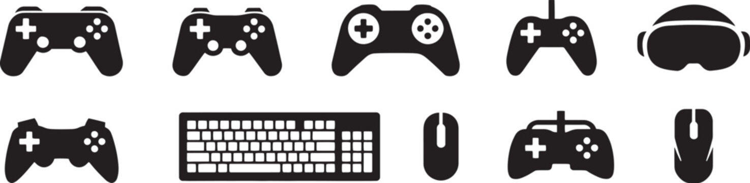Modern video game hardware icons set including wireless controllers and gaming mice silhouettes for streamers vector illustration