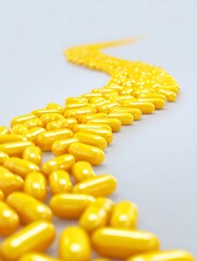 Yellow Capsules Forming Path on White Background Supplement Concept with Copy Space