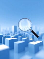 Data Analysis Concept with Magnifying Glass over Abstract Blue Cubes Copy Space