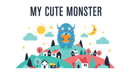 Naklejka premium My Cute Monster illustration showing a friendly blue monster holding a pumpkin on a hill with houses and trees.