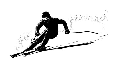 Plakat Dynamic skiing silhouette, skier in motion, winter sports action, alpine skiing, extreme sport, ski poles, downhill skiing, snow adventure. 