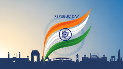 Stylized illustration celebrates India's Republic Day featuring the vibrant national flag soaring above historical New Delhi landmarks in silhouette