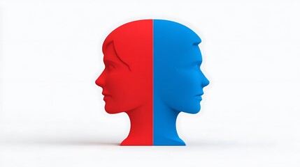 Dual Perspective Human Head Red and Blue Contrast, Decision and Cognitive Balance Concept
