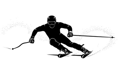 Dynamic skiing silhouette, skier in motion, winter sports action, alpine skiing, extreme sport, ski poles, downhill skiing, snow adventure.
