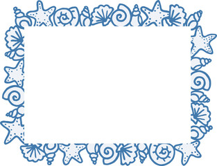 Different freehand drawn cartoon sea ocean starfishes river shells of different shapes in blue colors made in kid childish style. Marine oceanic water objects. Decorative frame. Vector illustration.