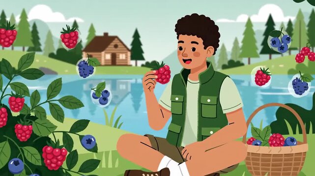 Picking Fresh Berries By Serene Lake Animated Scenic Landscape  For Commercial Use