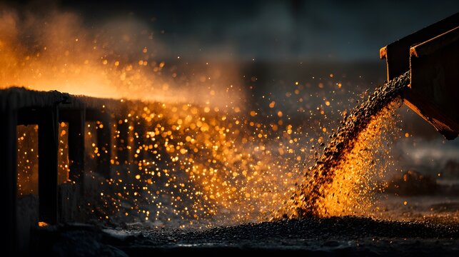 Industrial mining scene showing crushed ore pouring from a metal chute with golden backlighting creating sparkling dust motes in the air.