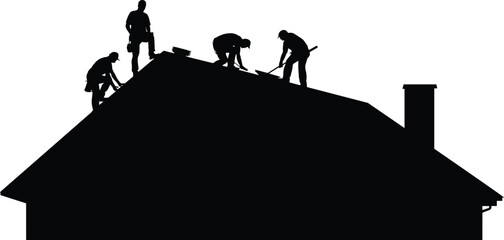 Roof construction workers silhouette illustration, home building teamwork scene, carpentry labor concept, residential house roofing, black white vector design