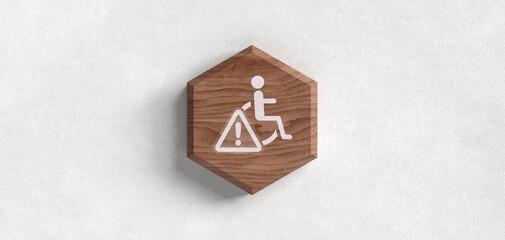 Warnung Achtung Vorsicht Barrierefreiheit Inklusion Header Grafik mit Rollstuhl Icon auf Holz Hintergrund für Soziale Themen und Behinderung Zugang Hinweis