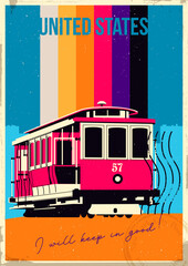 Main USA Attraction Postcard, San Francisco Tram Retro Postcard Style Illustration. 1970s - 1980s Color Lines, Aged Paper Texture