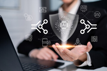 Fototapeta premium Businessman working on laptop computer smartphone login database with artificial intelligence ai algorithm helping in data privacy protection hacking prevention authentication, cybersecurity concept