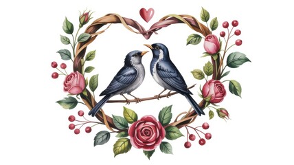 A loving pair of birds in a romantic heart-shaped floral wreath with watercolor roses and berries