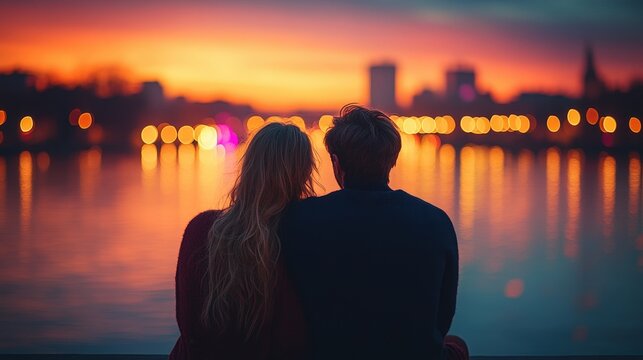 Two people are seated on a dock observing a colorful sunset with city reflections.