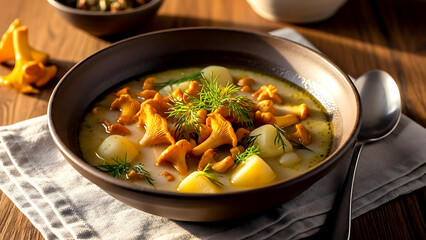 Still life, rustic farmhouse. authentic Finnish herkkutattikeitto (chanterelle soup), golden chanterelle mushrooms in a creamy, lightly-colored broth with dill, new potatoes 