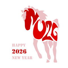 Holiday card Happy New Year 2026. Stylized image of a fire horse according to the Eastern Chinese calendar. Astrological New Year.	
