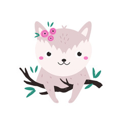 Fototapeta premium Cute Fox Sitting on Branch with Flowers. Sweet Cartoon Woodland Animal Vector Illustration for Kids