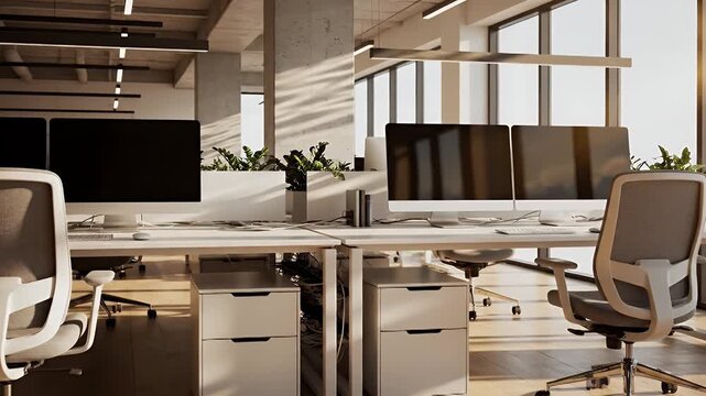 Contemporary Open Office Space Design with Modern Furniture and Natural Light
