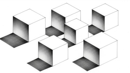 Obraz premium Abstract geometric composition of six white cubes with shadows, minimalist isometric illustration