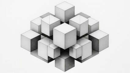 Geometric composition of stacked cubes, 3D illusion, abstract art, pencil sketch