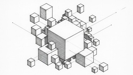 Abstract 3D geometric shapes, cubes and lines, isometric perspective, blueprint sketch