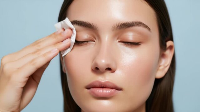 Young woman cleansing her face with a cosmetic wipe. Model removing eye makeup for a daily skincare routine. Beauty and skin health concept