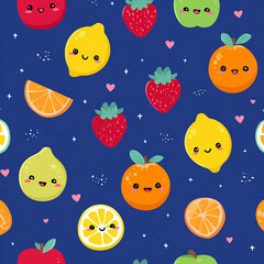 Kawaii Fruit Characters Seamless Pattern on Purple Background made with generative AI