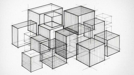 Abstract Geometric Cubes Drawing: Isometric Perspective Sketch of Intersecting Boxes