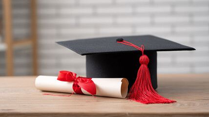 Graduation Cap with Red Tassel and Diploma on Blurred Background made with generative AI