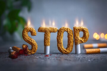 Cigarette butts transform into a striking message urging smokers to stop harming their health through creative art and burning flames