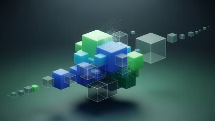 Abstract 3D Cubes Network Flow, Data Structure, Technology Concept, Blue and Green Gradient