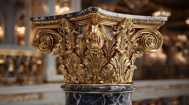 Intricate gold leaf detail on a classical marble column capital in baroque architectural style with warm golden lighting and soft blur.