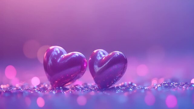 Love. Valentines day. Mothers day theme. A closeup of two glossy, purple heartshaped objects on a glittery surface. The background is a gradient of purple and blue hues.