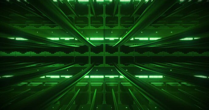 Enterprise network hardware with connected cables and monitoring LEDs. Perfect Loop.