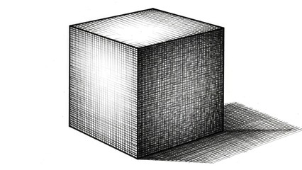 Pencil Drawn Cube with Realistic Shading and Shadow Illustration